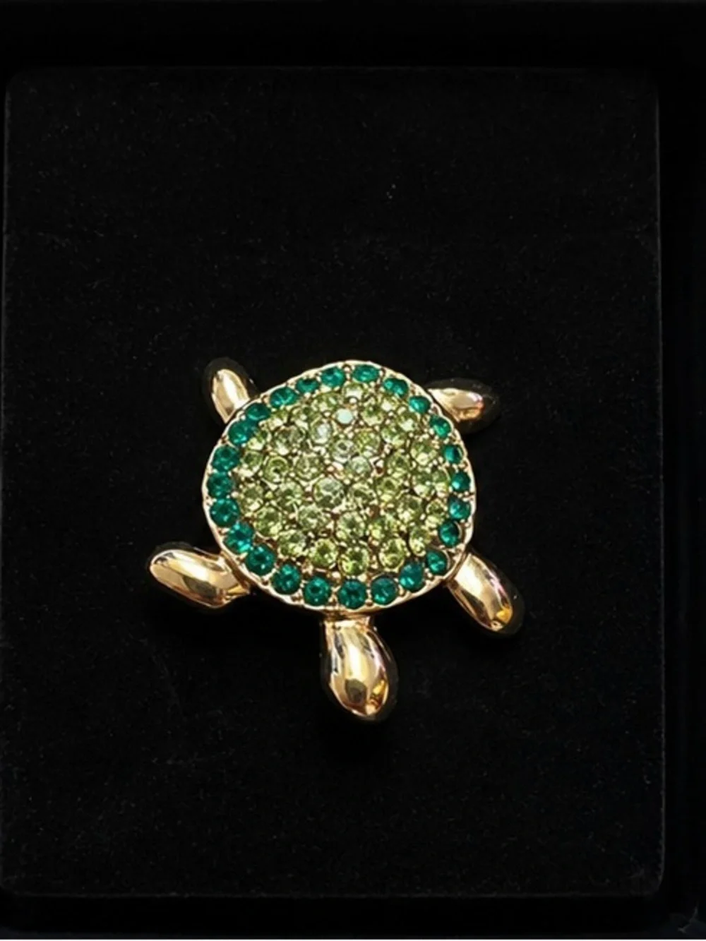 Monet Green Crystal Turtle Brooch Gold Tone Sea Turtle Pin Signed